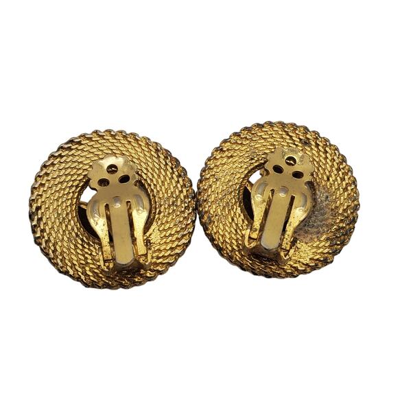 Retro Gold Mesh Clip on Earrings Brown Glass Bling MCM Rhinestones Vintage 1960s - Picture 5 of 6